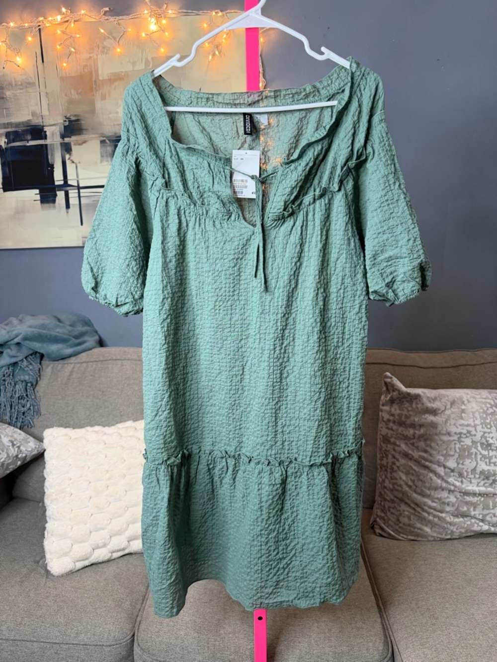 H&M Divided Green Textured Babydoll Mini Dress XS 💗
